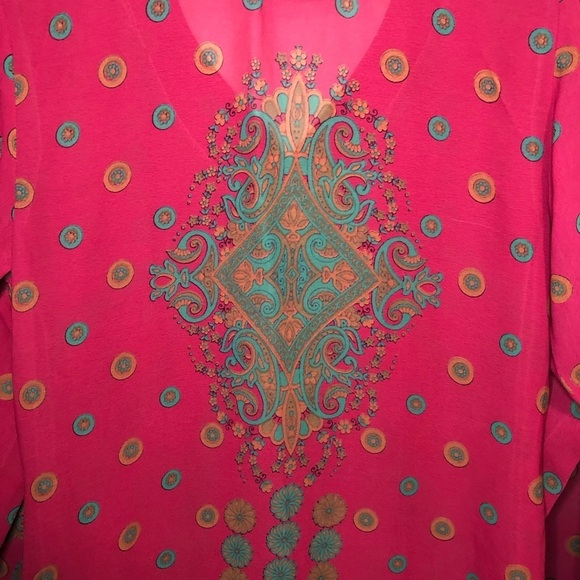 Kurti Magenta Blue Print Long Sleeve Side Slits Sheer Lightweight Tunic Dress - Picture 8 of 13